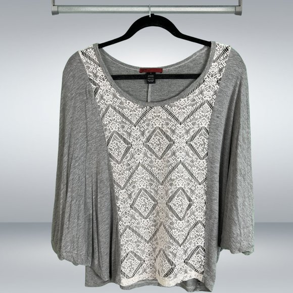 BKE heathered grey batwing tunic top with mesh lace front without lining. - Picture 1 of 6